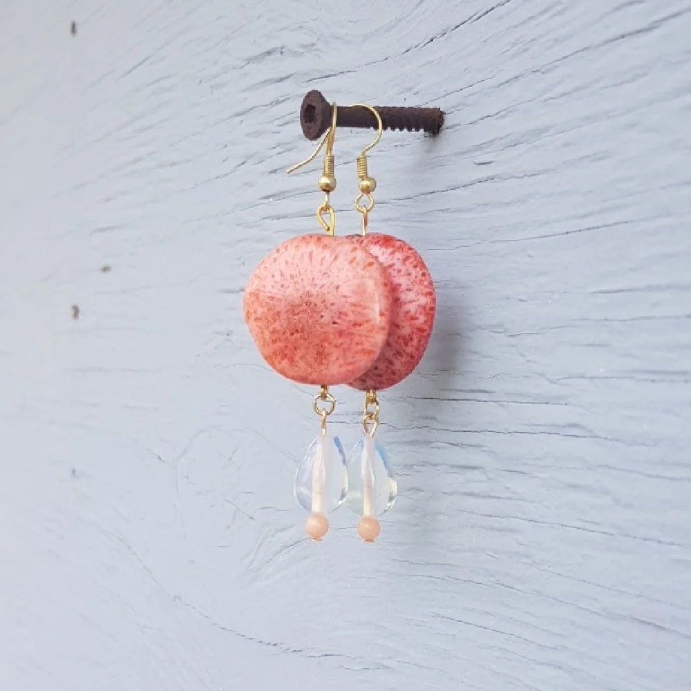 Patch & Roam Fossilized Pink Coral dangle earrings teardrop opalite nickel free - Picture 3 of 5